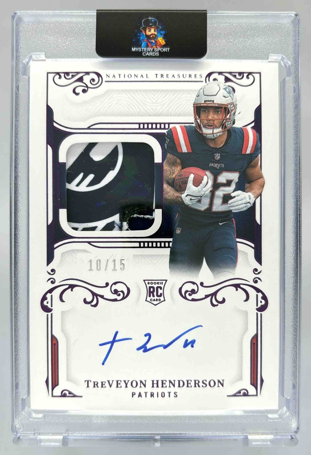 Card image for 2025 Panini National Treasures TreVeyon Henderson Rookie Gloves Signatures Purple /15 #RGS-THN Auto Patriots