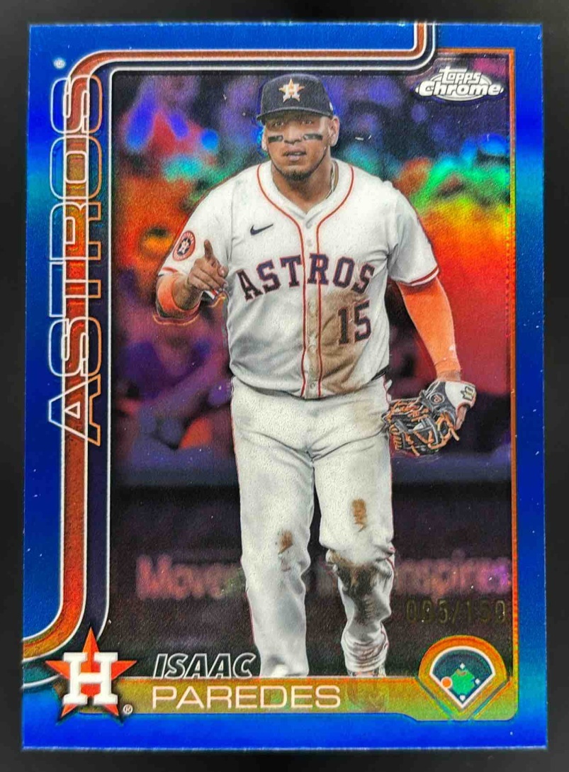 Card image for 2025 Topps Chrome Update Isaac Paredes Blue Refractor /150 #USC29 Astros