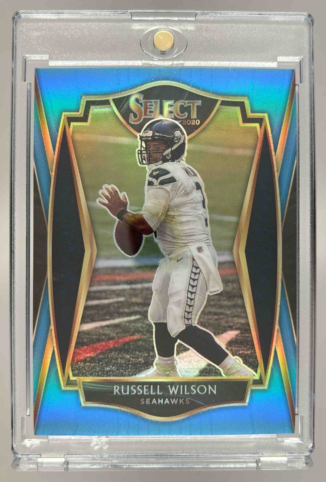 Card image for 2020 Panini Select Russell Wilson Light Blue Prizm /99 #103 Premier Seahawks