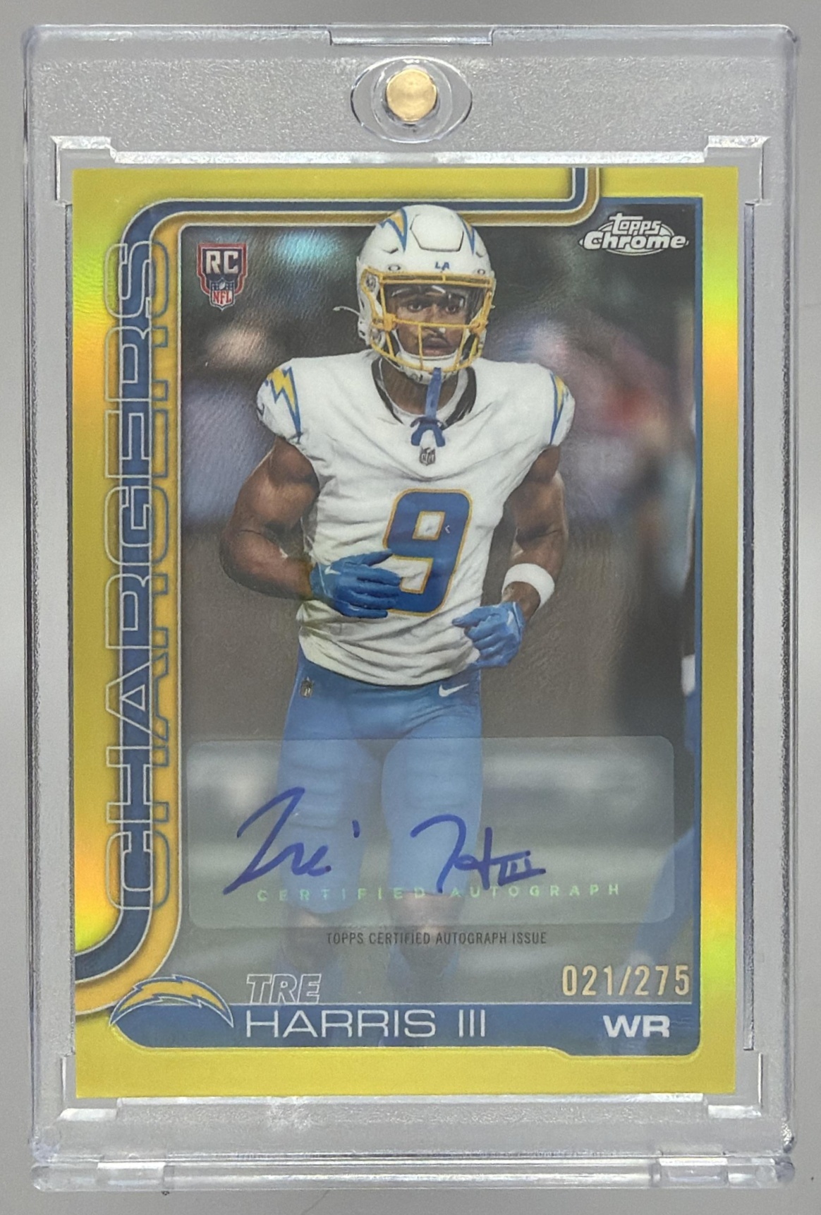 Card image for 2025 Topps Chrome Tre Harris III Rookie Auto Yellow Refractor /275 #RA-TH RC Chargers