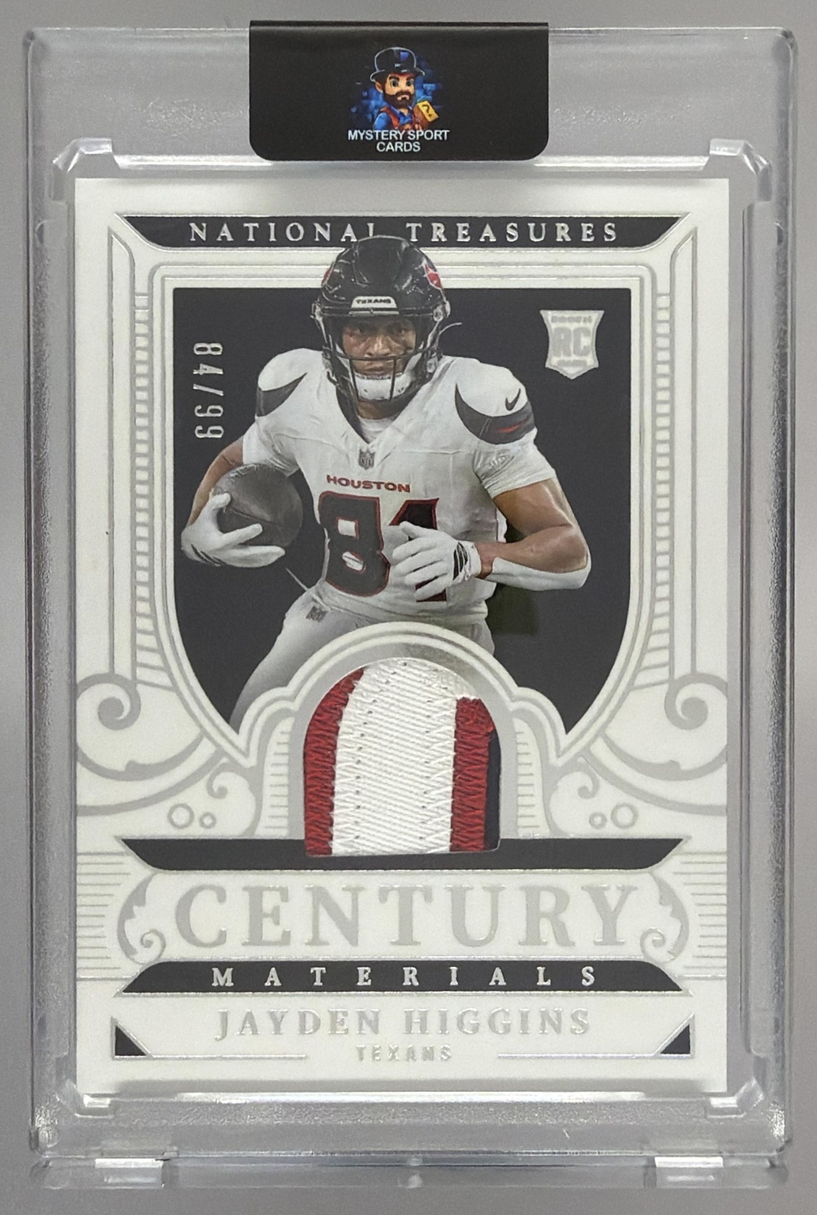 Card image for 2025 Panini National Treasures Jayden Higgins Rookie Dual Materials /99 #22 MEM RC Texans