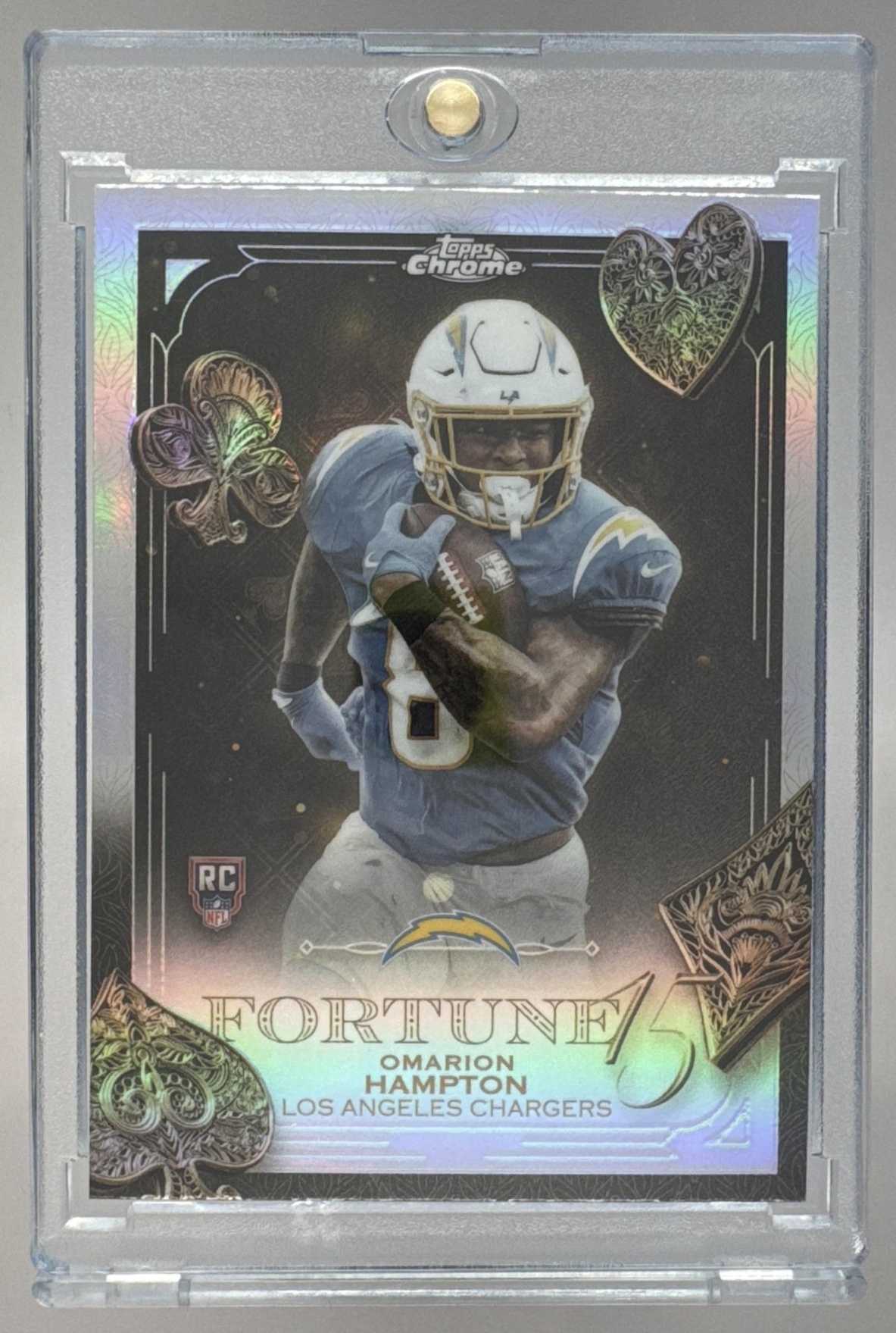 Card image for 2025 Topps Chrome Omarion Hampton Fortune 15 Refractor #F15-25 RC Chargers
