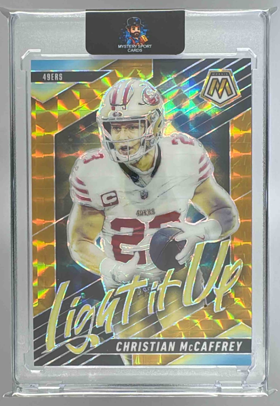 Card image for 2025 Panini Mosaic Christian McCaffrey Light it Up Gold Prizm /10 #5 49ers