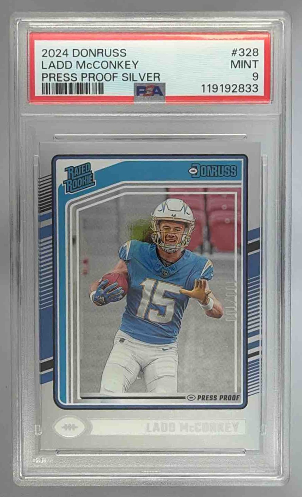 Card image for 2024 Panini Donruss Ladd McConkey Press Proof Silver /100 #328 Rated Rookie Chargers