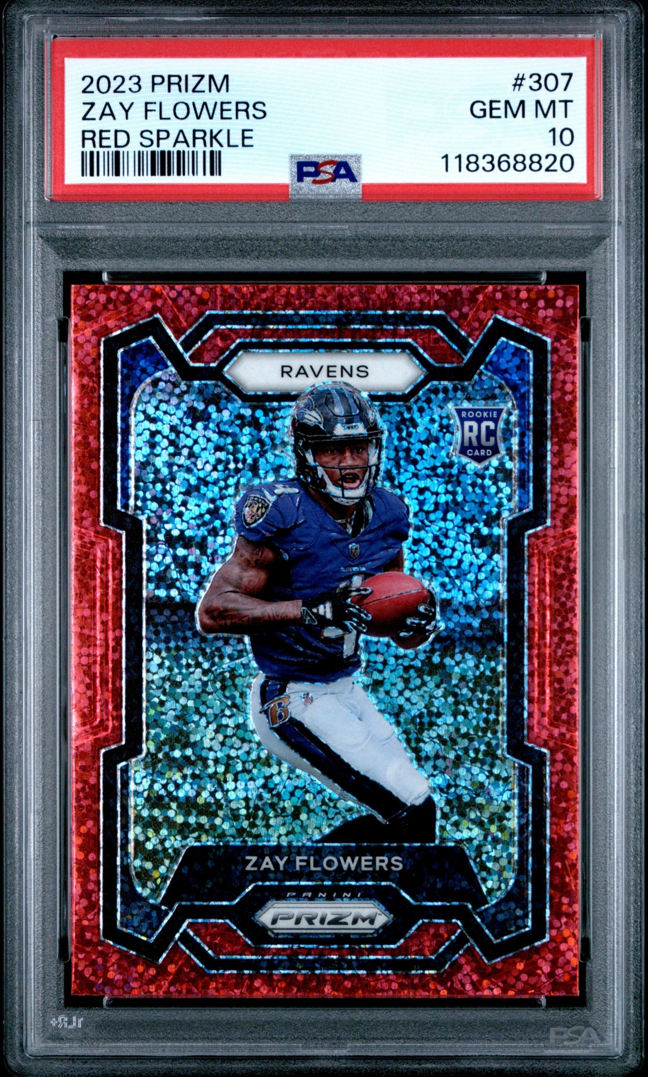 Card image for 2023 Panini Football Prizm Zay Flowers Red Sparkle #307 RC Baltimore Ravens