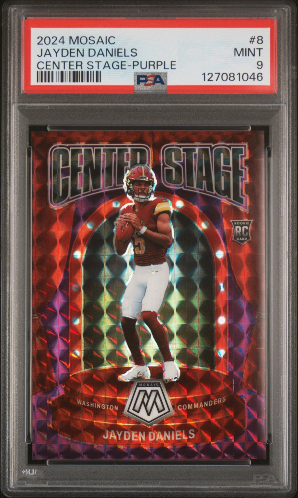 Card image for 2024 Panini Mosaic Jayden Daniels Center Stage Purple /49 #8 RC Commanders PSA 9