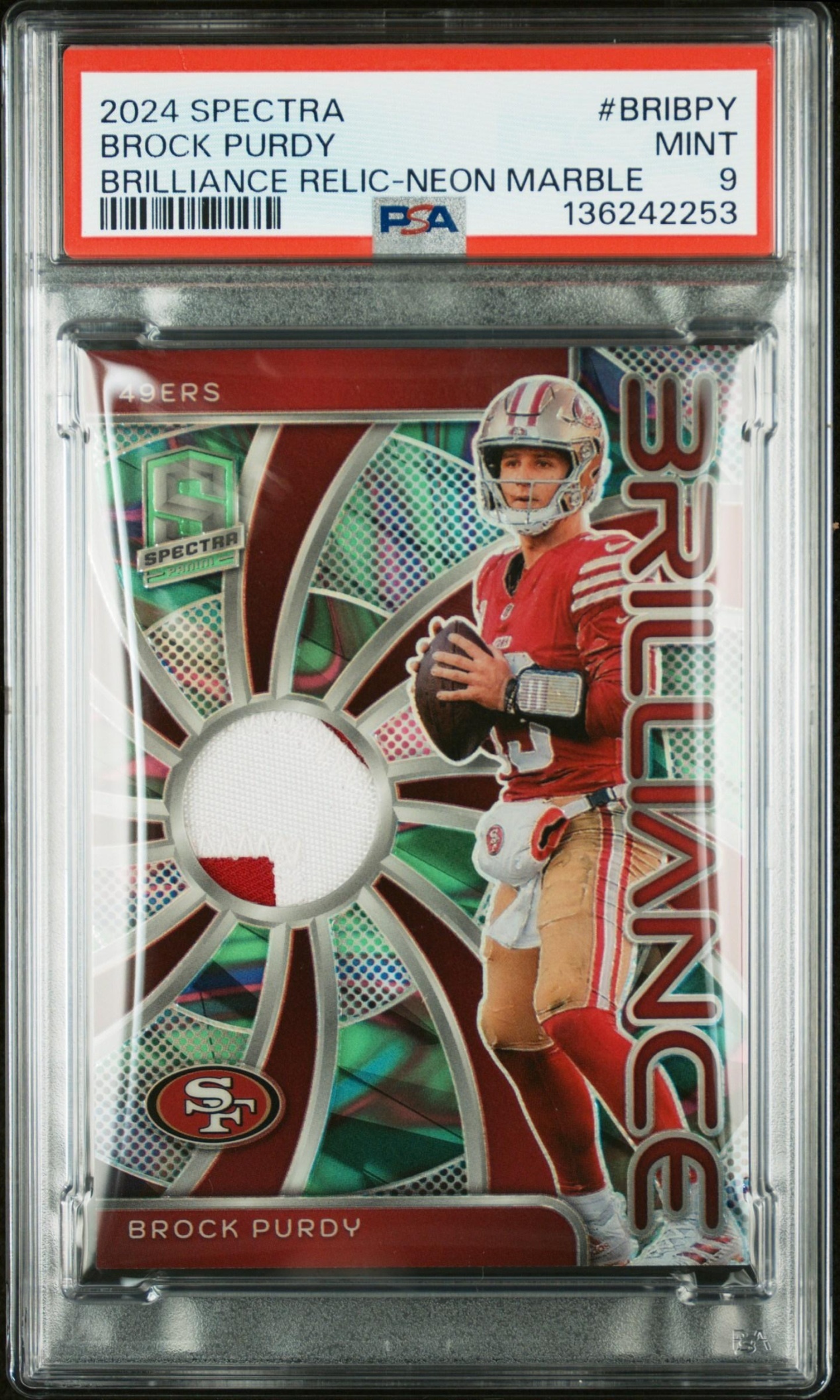 Card image for 2024 Panini Spectra Brock Purdy Brilliance Marble Neon /4 #BRI-BPY 49ers