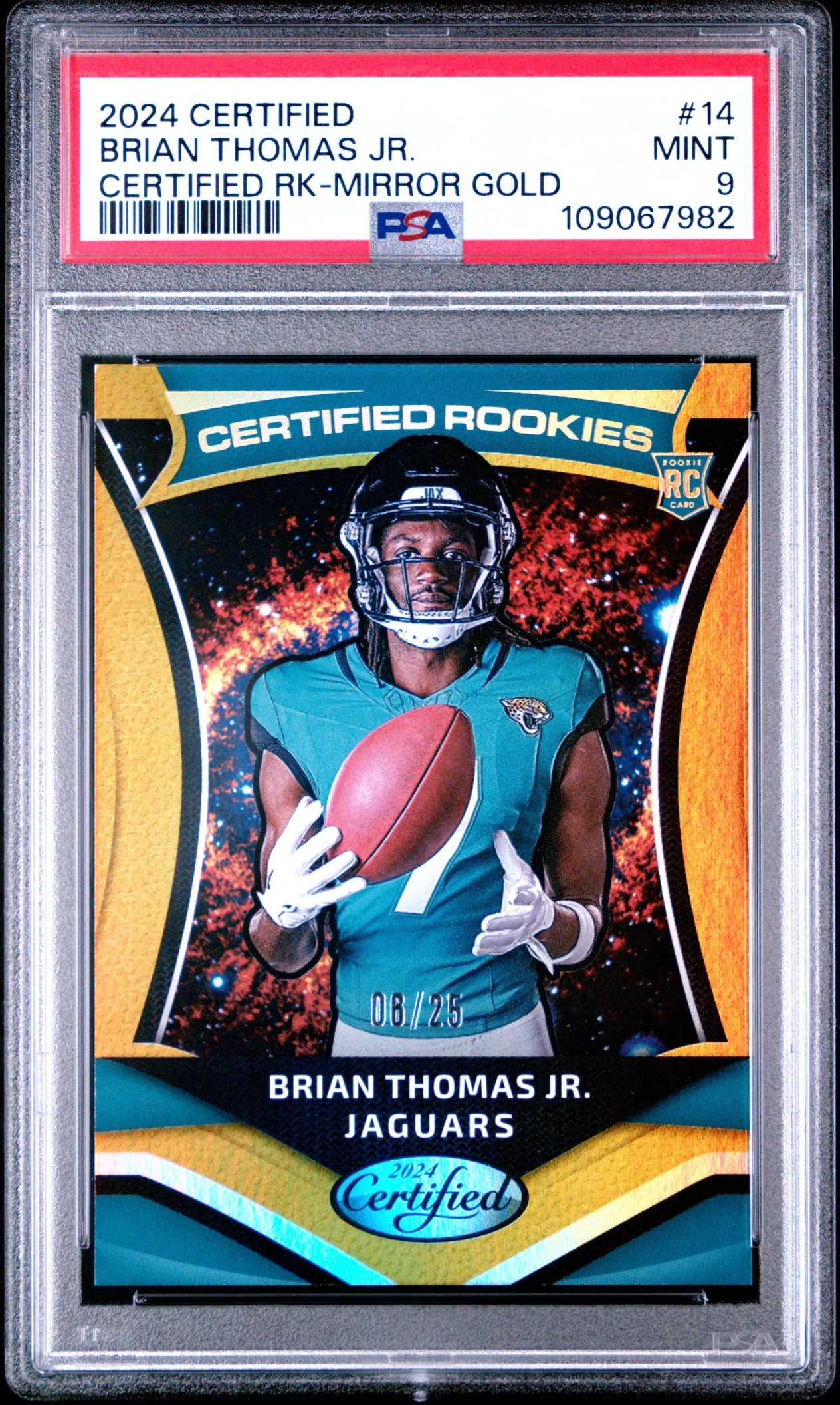 Card image for 2024 Panini Certified Brian Thomas Jr. Rookies Gold Mirror /25 #14 RC Jaguars