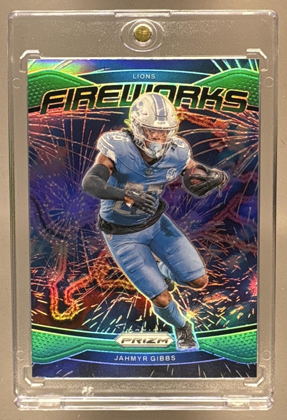 2024 PANINI PRIZM JAHMYR GIBBS #7 FIREWORKS GREEN LIONS