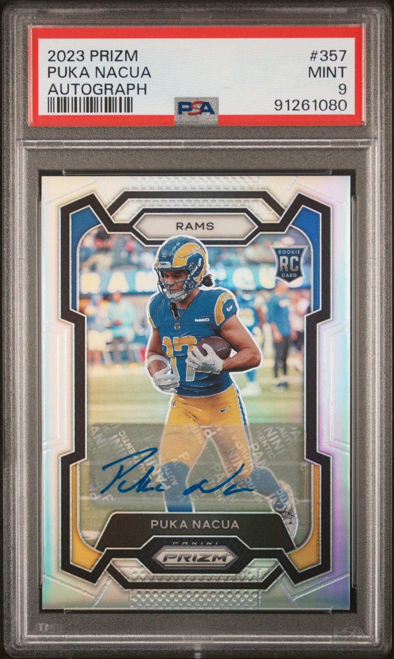 Card image for 2023 Panini Football Prizm Puka Nacua Auto Silver #357 RC Los Angeles Rams