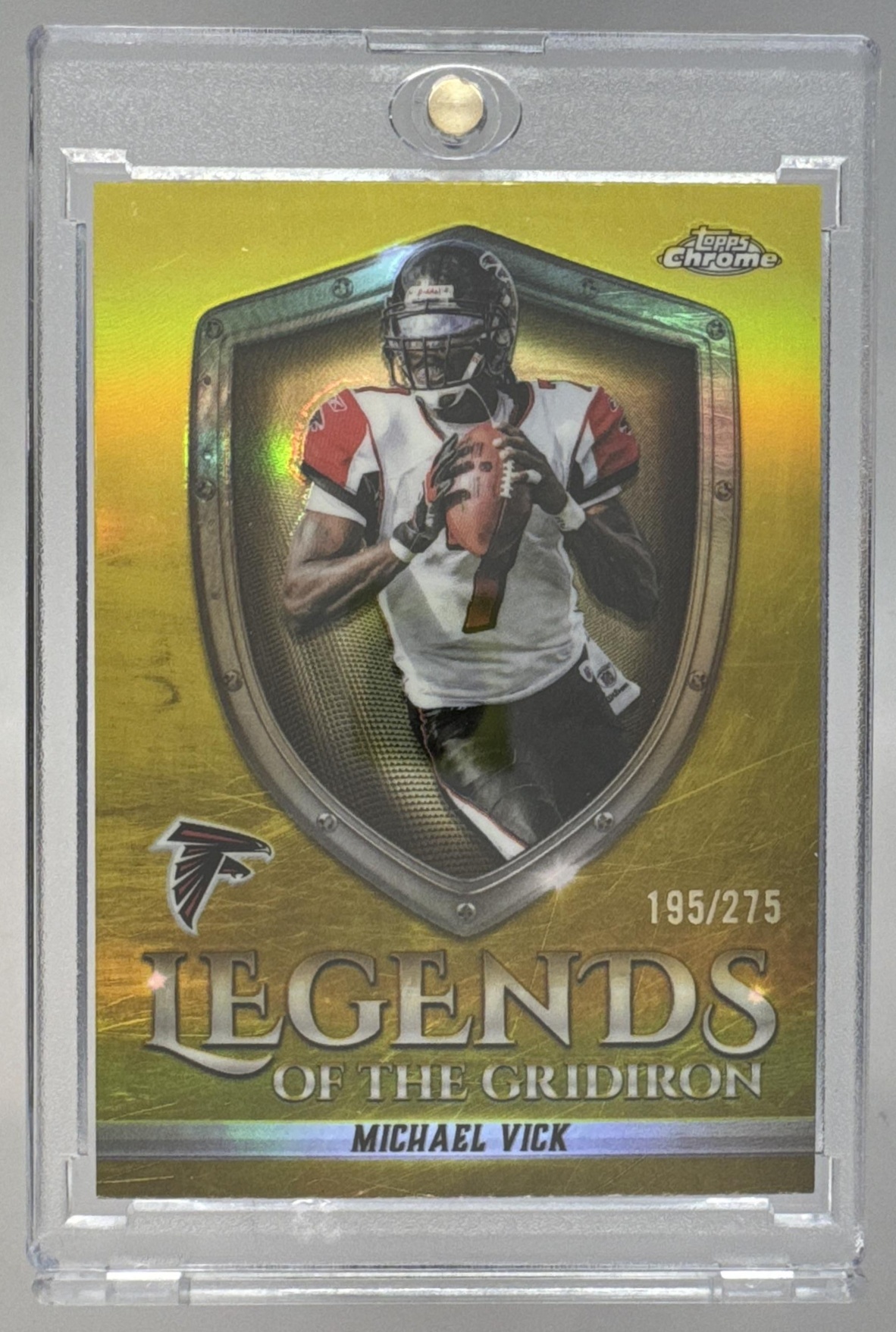 Card image for 2025 Topps Chrome Michael Vick Legends of the Gridiron Yellow Refractor /275 #LOG-2 Falcons