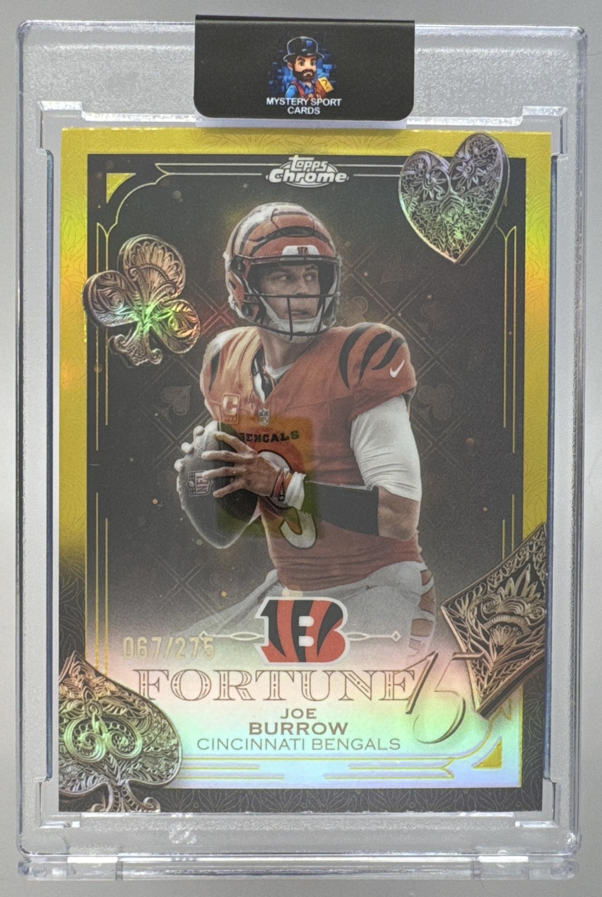 Card image for 2025 Topps Chrome Joe Burrow Fortune 15 Yellow Refractor /275 #F15-5 Bengals