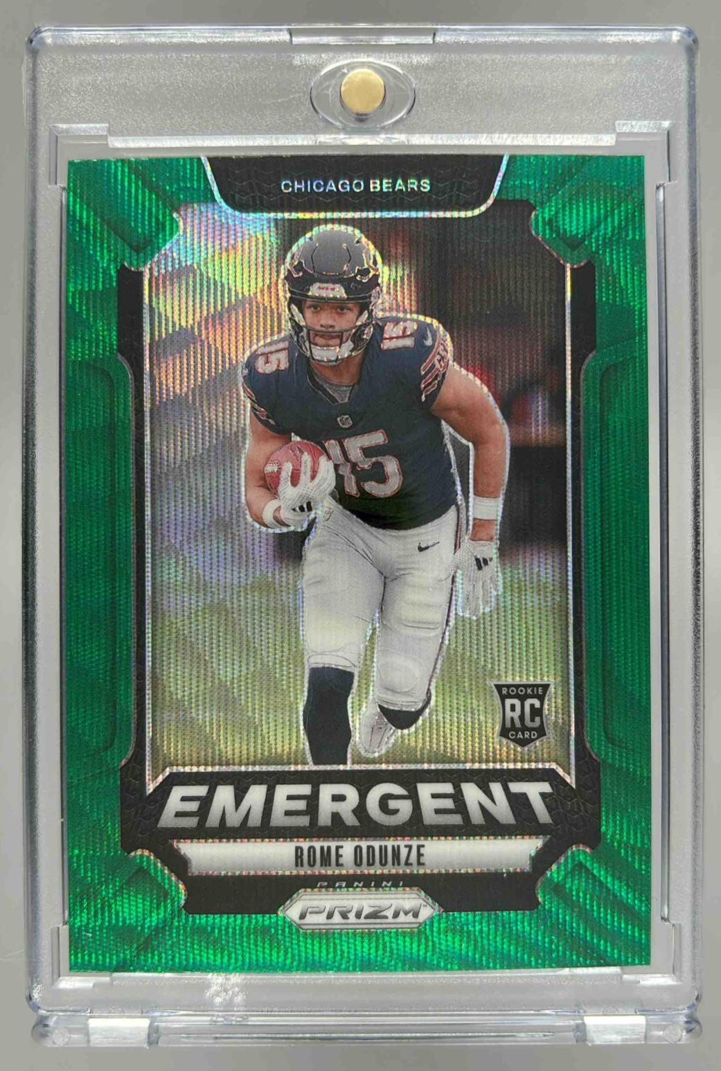 Card image for 2024 Panini Football Prizm Rome Odunze Emergent Green Wave #11 RC Chicago Bears