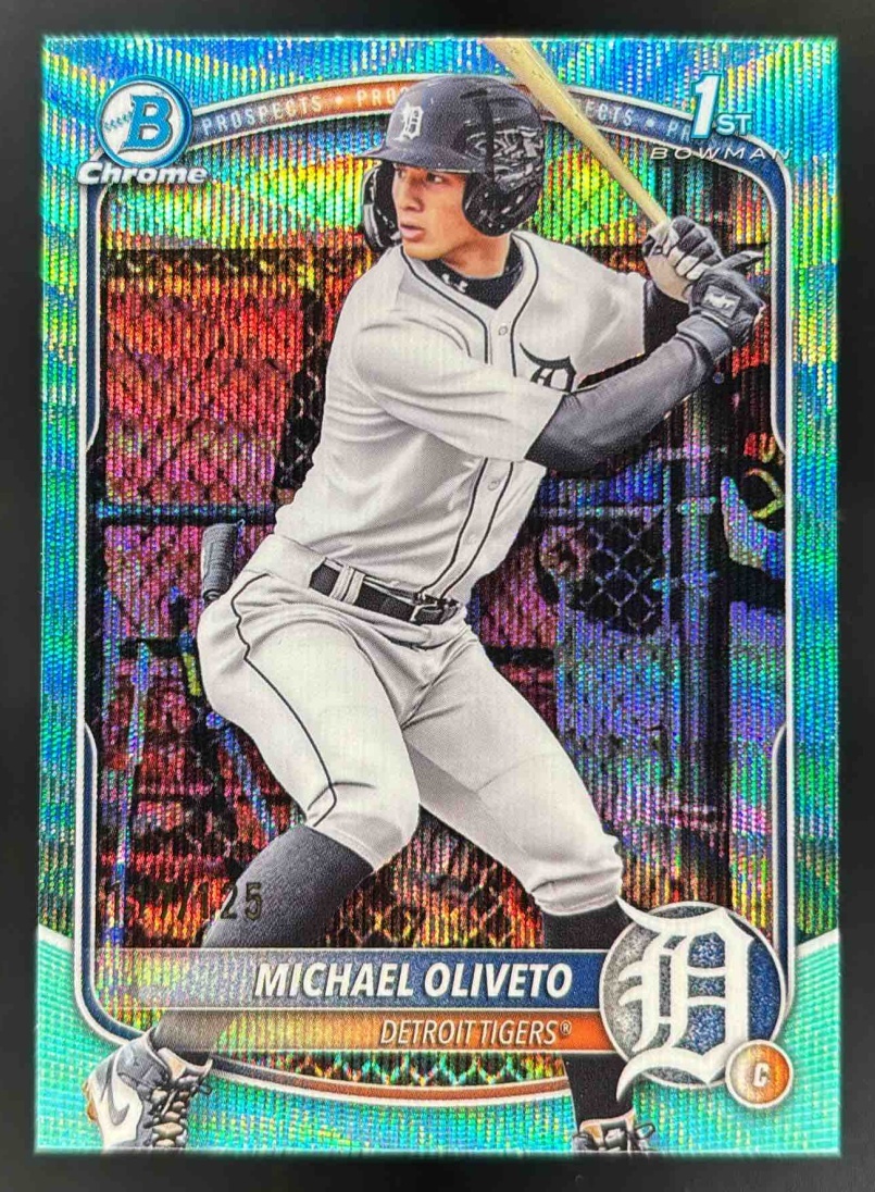 Card image for 2025 Bowman Draft Michael Oliveto Chrome Aqua Wave Refractor /125 1st Prospect
