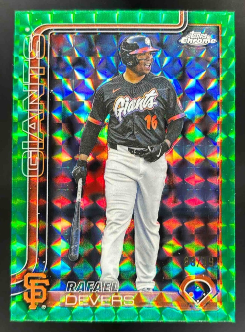 Card image for 2025 Topps Chrome Update Rafael Devers Green Geometric Refractor /99