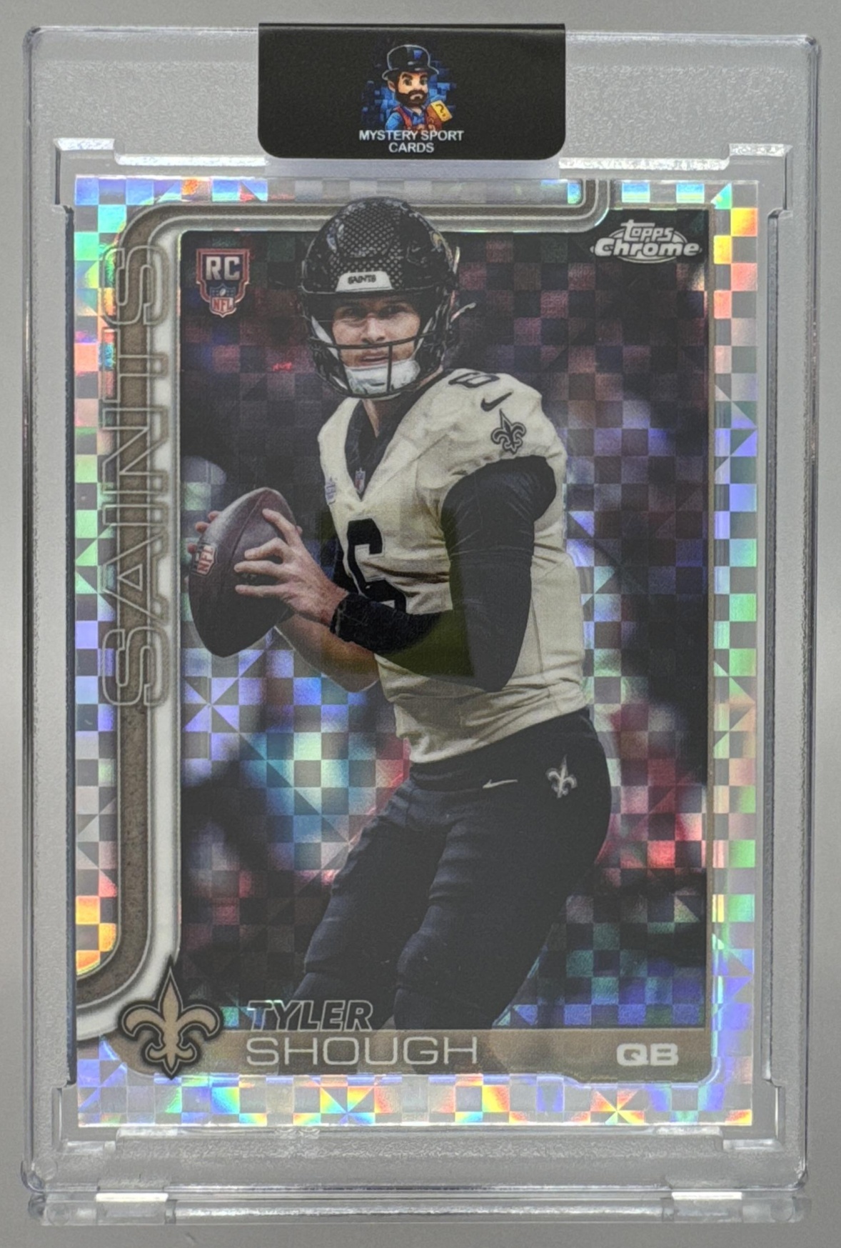 Card image for 2025 Topps Football Chrome Tyler Shough Rookie #398 RC New Orleans Saints