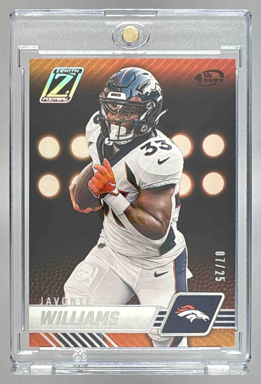 Card image for 2023 Panini Football Zenith Javonte Williams 4th Down /25 #30 Denver Broncos