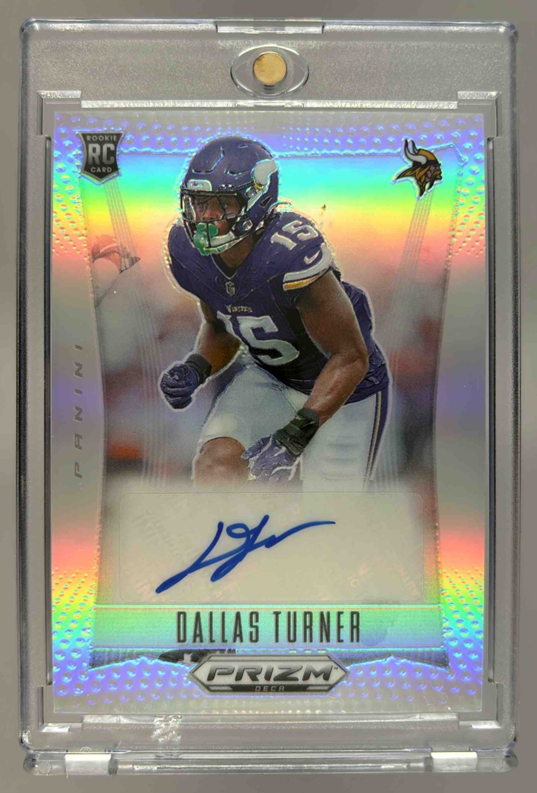 Card image for 2024 Panini Prizm Deca Dallas Turner Signatures Silver #S-DTR RC Auto Vikings