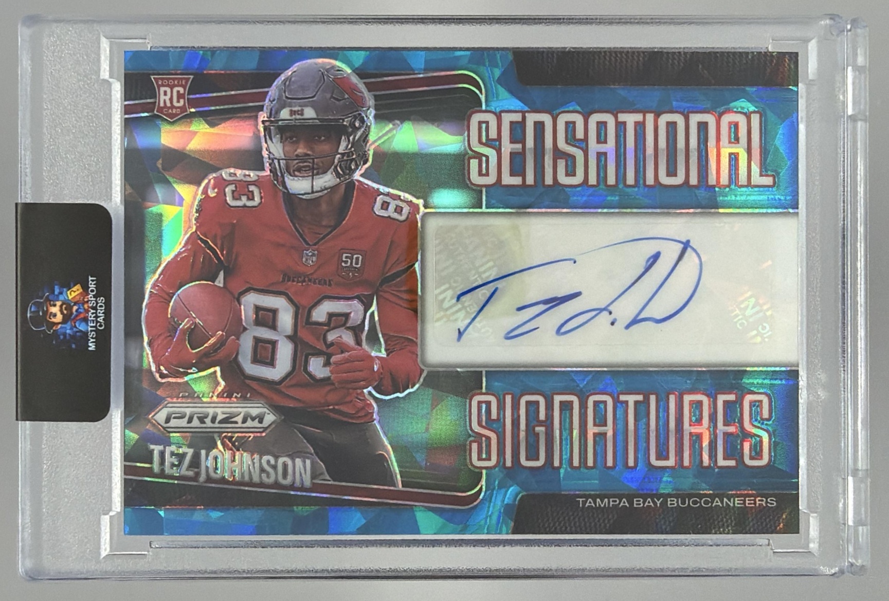 Card image for 2025 Panini Prizm Tez Johnson Sensational Signatures Blue Ice /99 #SEN-TJN RC Auto Buccaneers