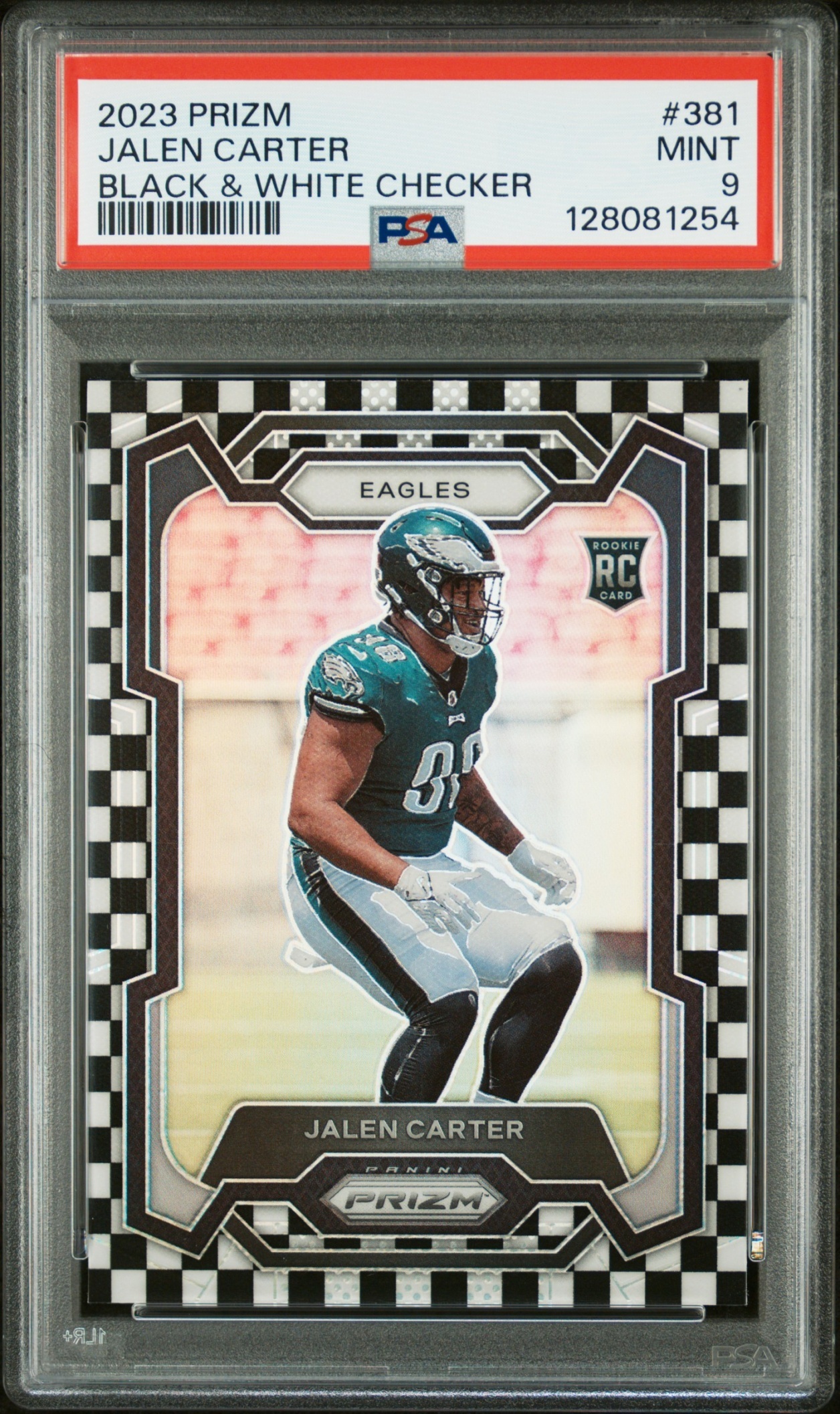 Card image for 2023 Panini Prizm Jalen Carter Black and White Checker #381 RC Eagles
