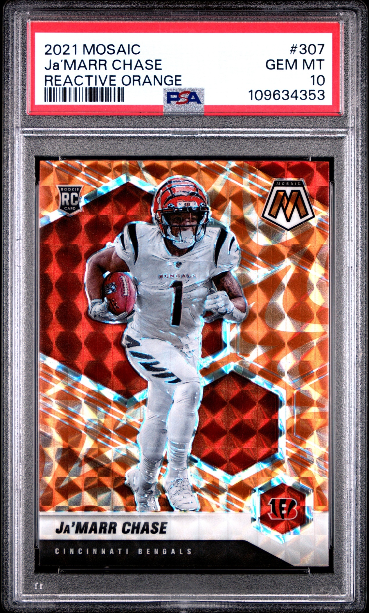 Card image for 2021 Panini Mosaic Ja'Marr Chase Prizm Reactive Orange #307 RC Bengals