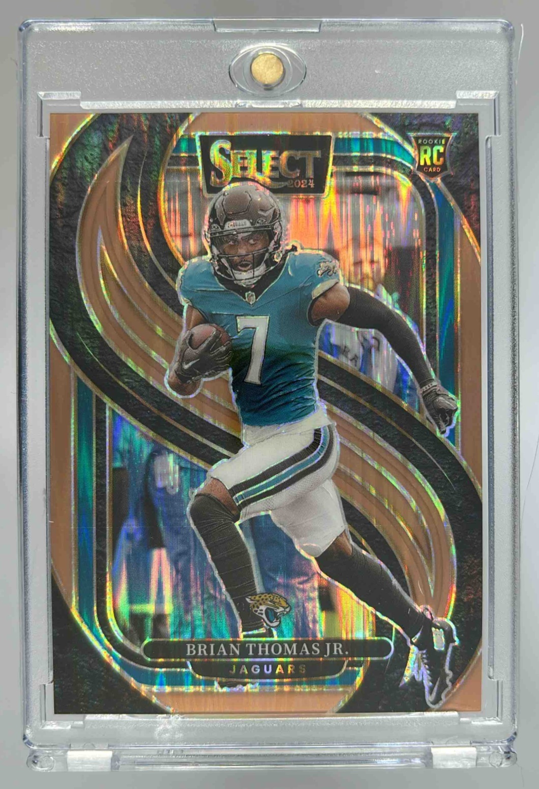Card image for 2024 Panini Select Brian Thomas Jr. Premier Copper Prizm Shock /299 #143 RC Jaguars