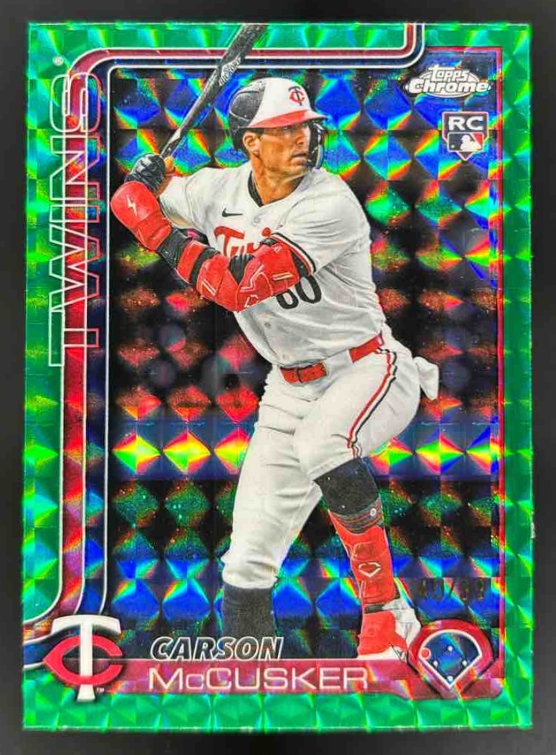 Card image for 2025 Topps Chrome Update Carson McCusker Green Geometric Refractor /99 RC