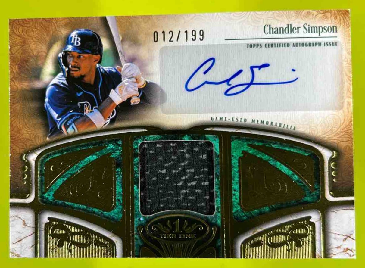 Card image for Chandler Simpson 2026 Topps Baseball Tier One Auto Relic /199 MEM Tampa Bay Rays