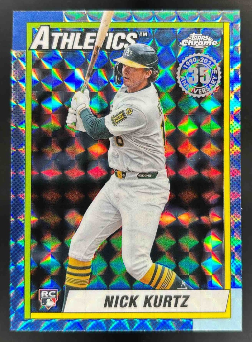 Card image for 2025 Topps Chrome Update Nick Kurtz 1990 Geometric Refractor RC