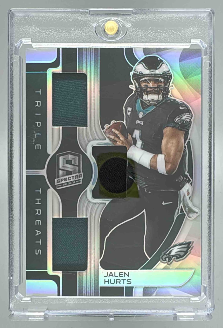 Card image for 2023 Panini Spectra Jalen Hurts Triple Threats /99 #TT-JHU MEM Eagles