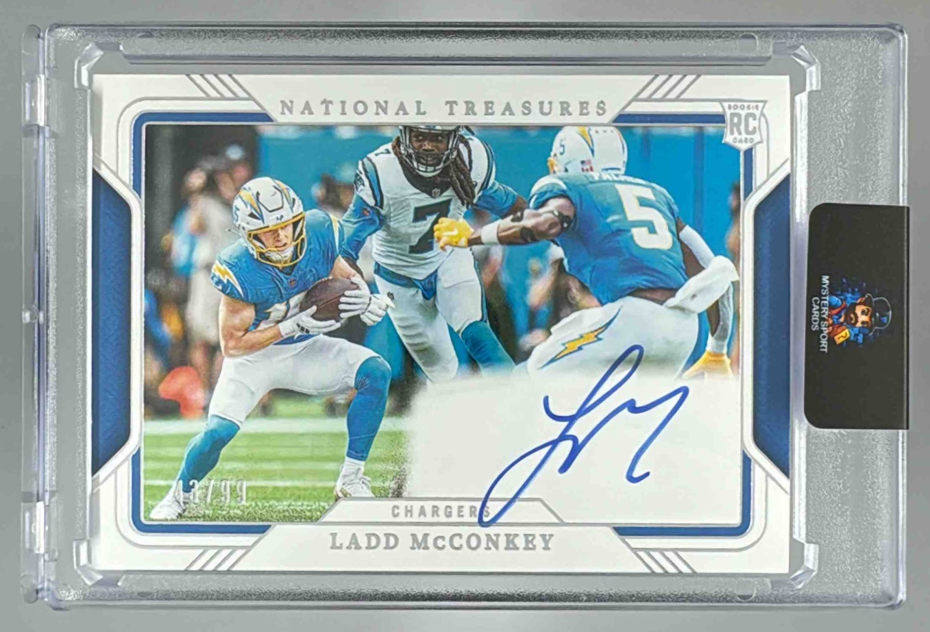 Card image for 2024 Panini National Treasures Ladd McConkey Rookie Signatures Field Pass /99 #RFP-LMY Auto Chargers