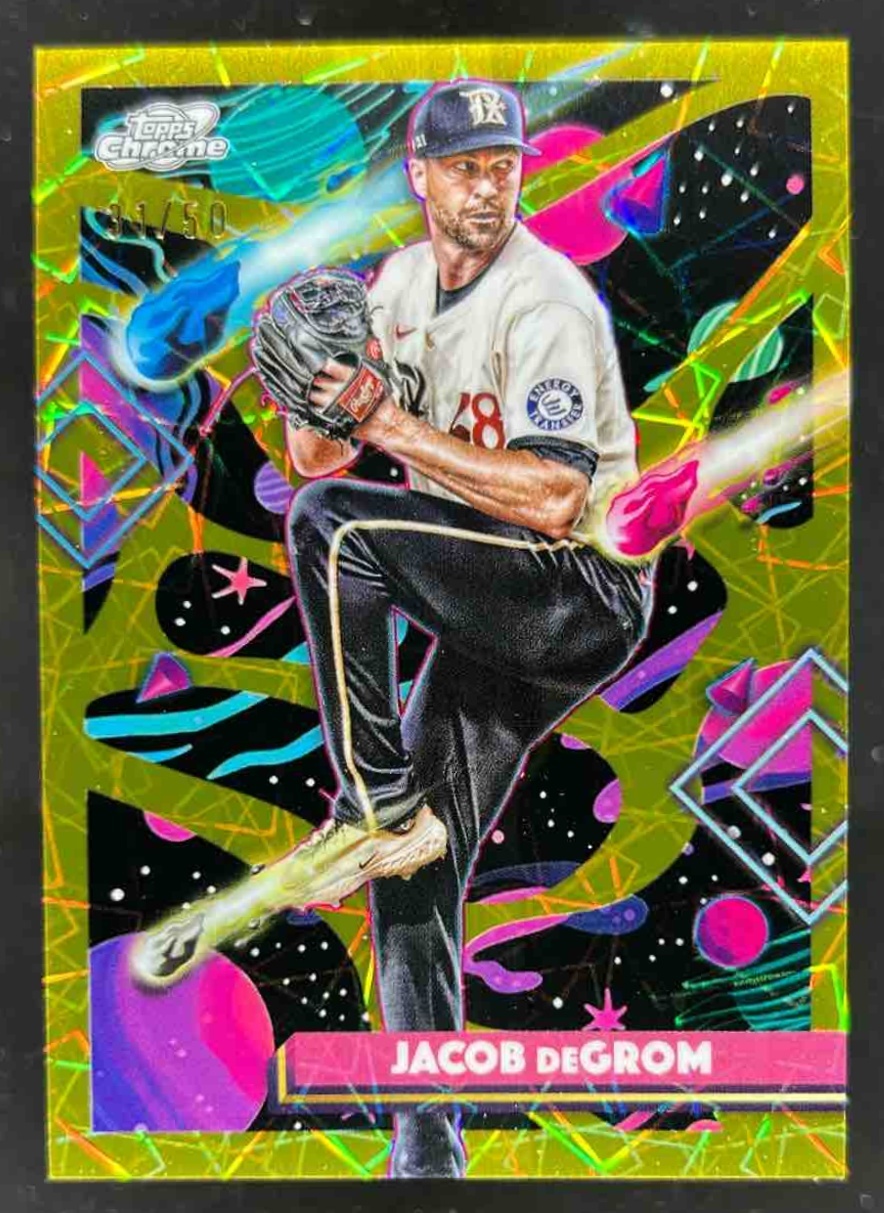 Card image for Jacob deGrom 2025 Topps Cosmic Chrome Gold Interstellar Refractor /50