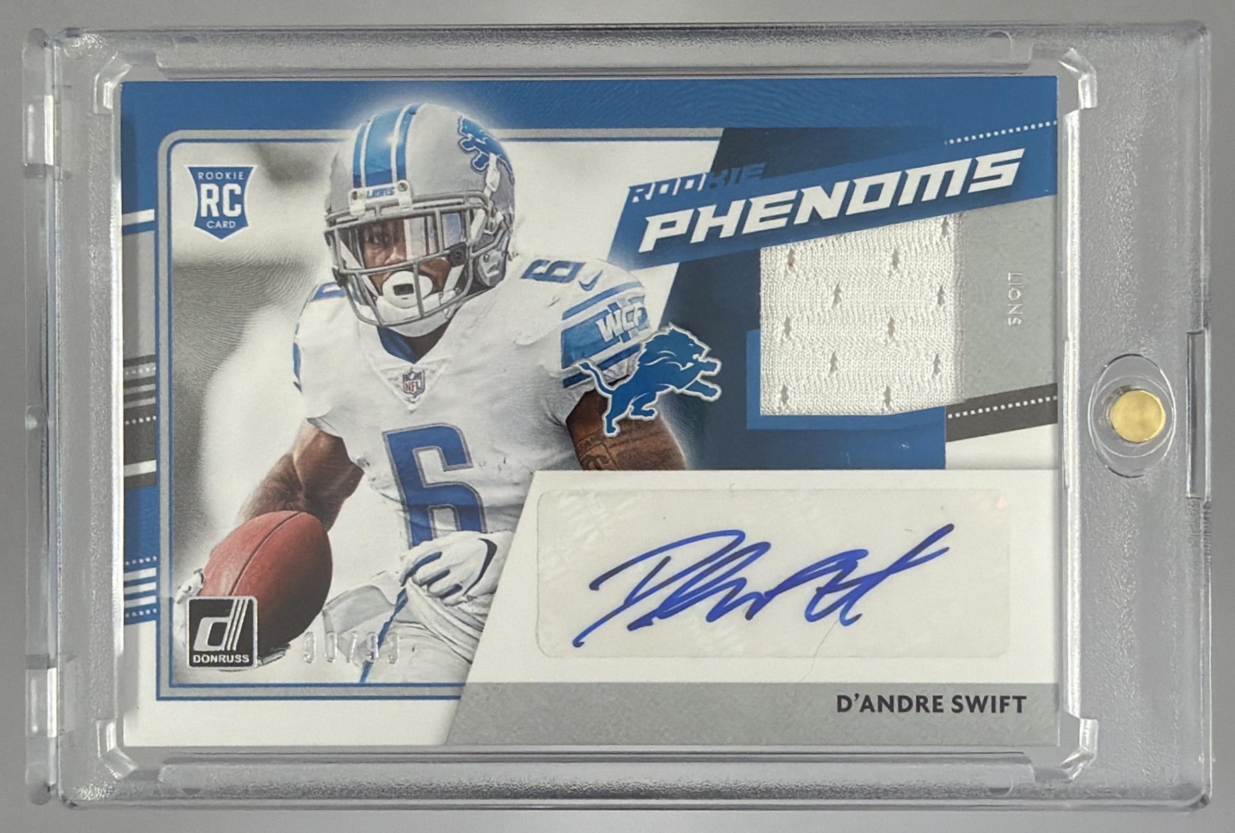 Card image for 2020 Panini Donruss D Andre Swift Rookie Phenom Jersey Auto /99 #RPJ-DS RC Lions