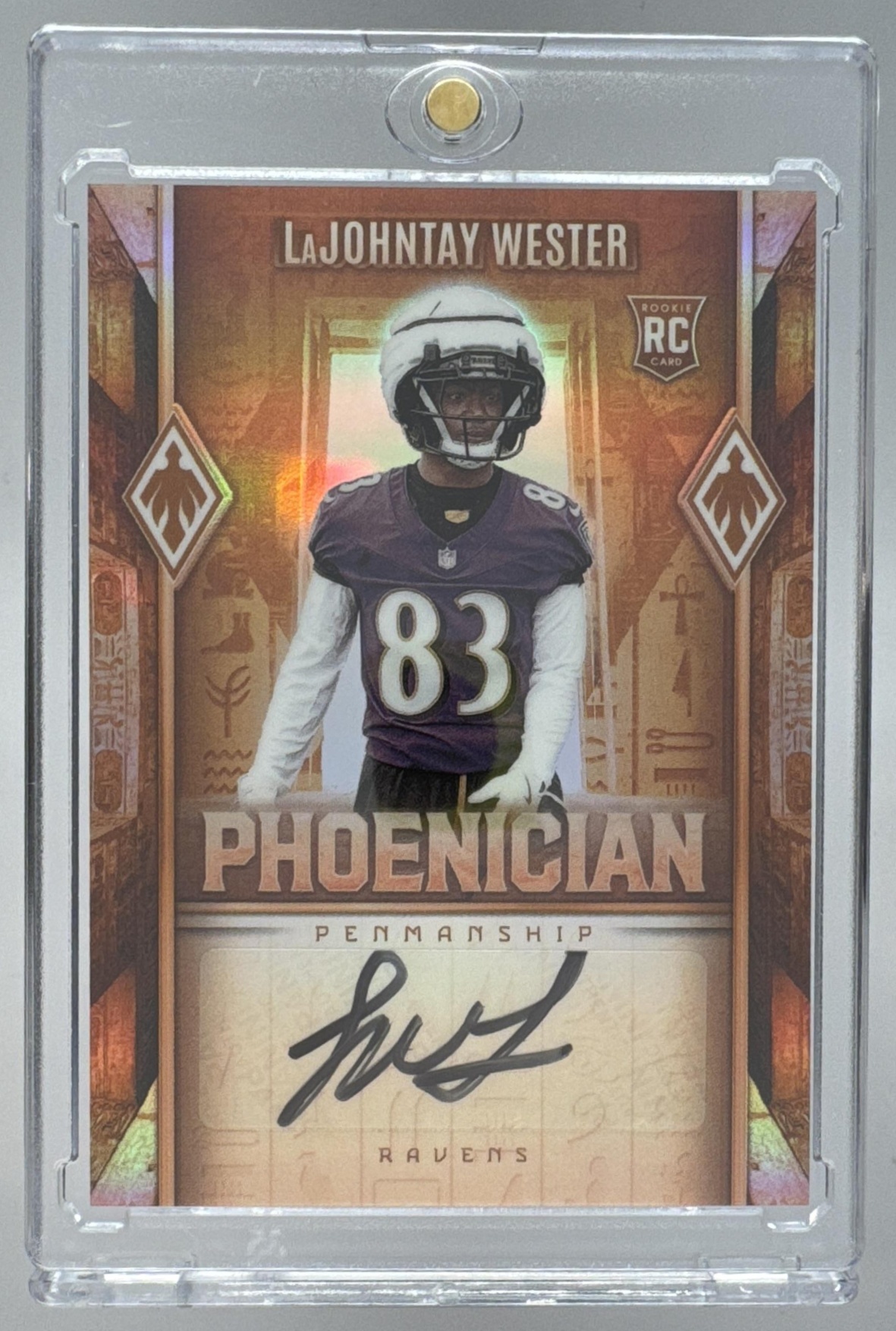 Card image for 2025 Panini Phoenix LaJohntay Wester Phoenician Penmanship Seismic Prizm /15 #PHP-LWR RC Auto Ravens