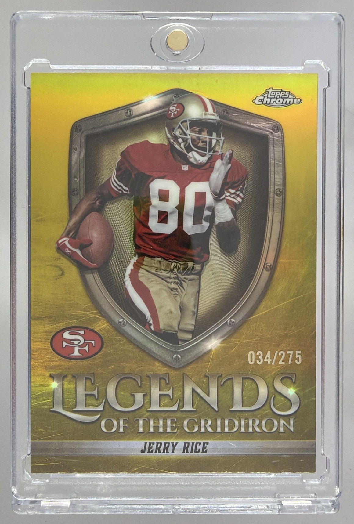 Card image for 2025 Topps Chrome Jerry Rice Legends of the Gridiron Yellow Refractor /275 #LOG-21 49ers