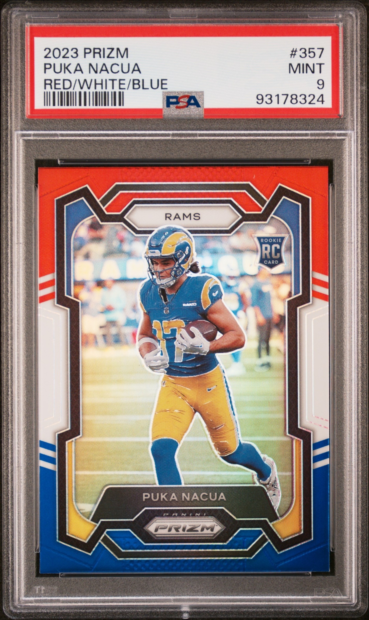 Card image for 2023 Panini Prizm Puka Nacua Red White and Blue #357 RC Rams