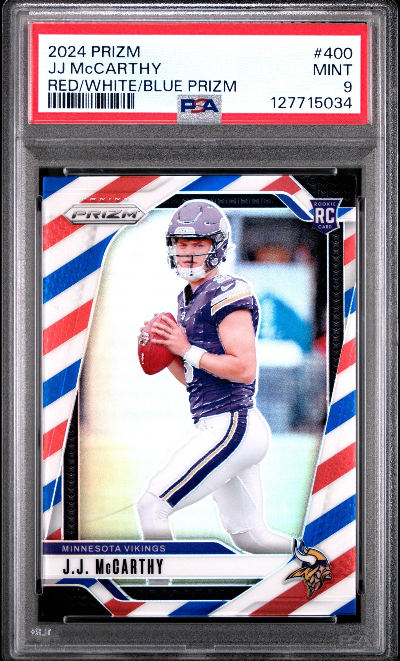 Card image for 2024 Panini Football Prizm J.J. McCarthy White /35 #400 RC Minnesota Vikings