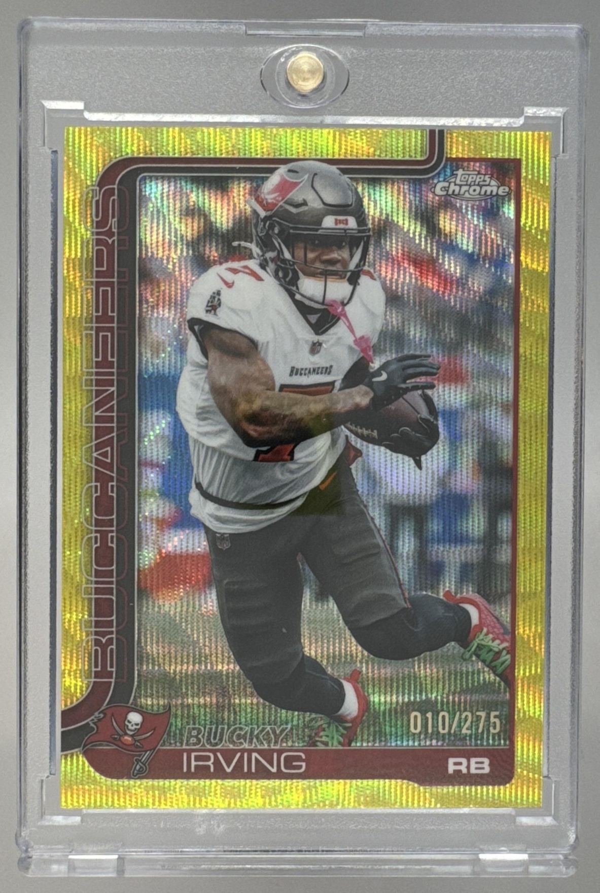 Card image for 2025 Topps Chrome Bucky Irving Yellow Wave Refractor /275 #285 Buccaneers