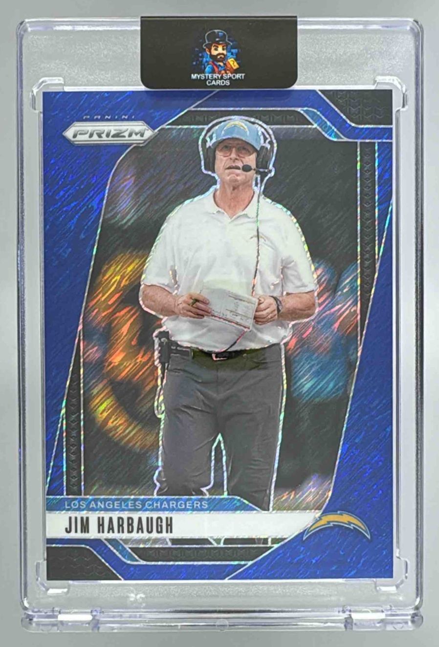 Card image for 2024 Panini Football Prizm Jim Harbaugh Blue Shimmer /25 #163 Los Angeles Chargers