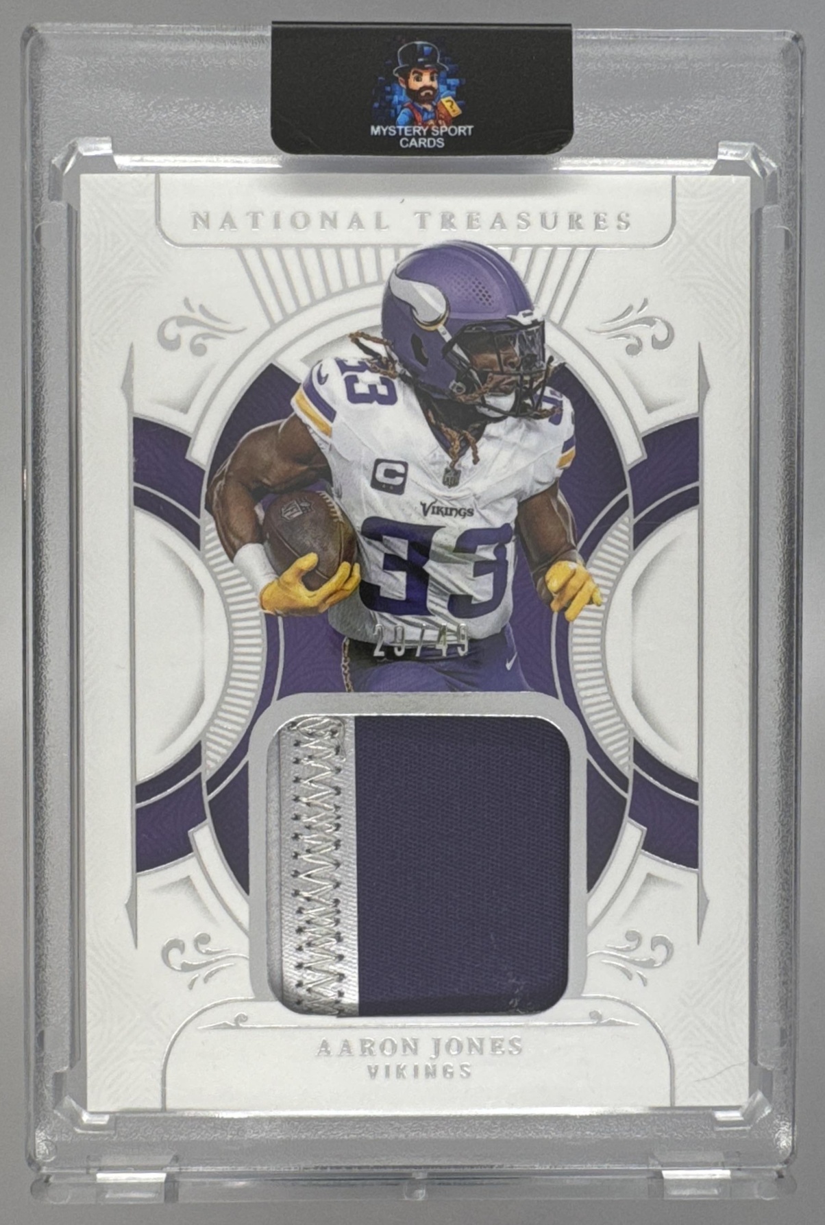 Card image for 2025 Panini National Treasures Aaron Jones Treasured Patch /49 #TP-AJS MEM Vikings