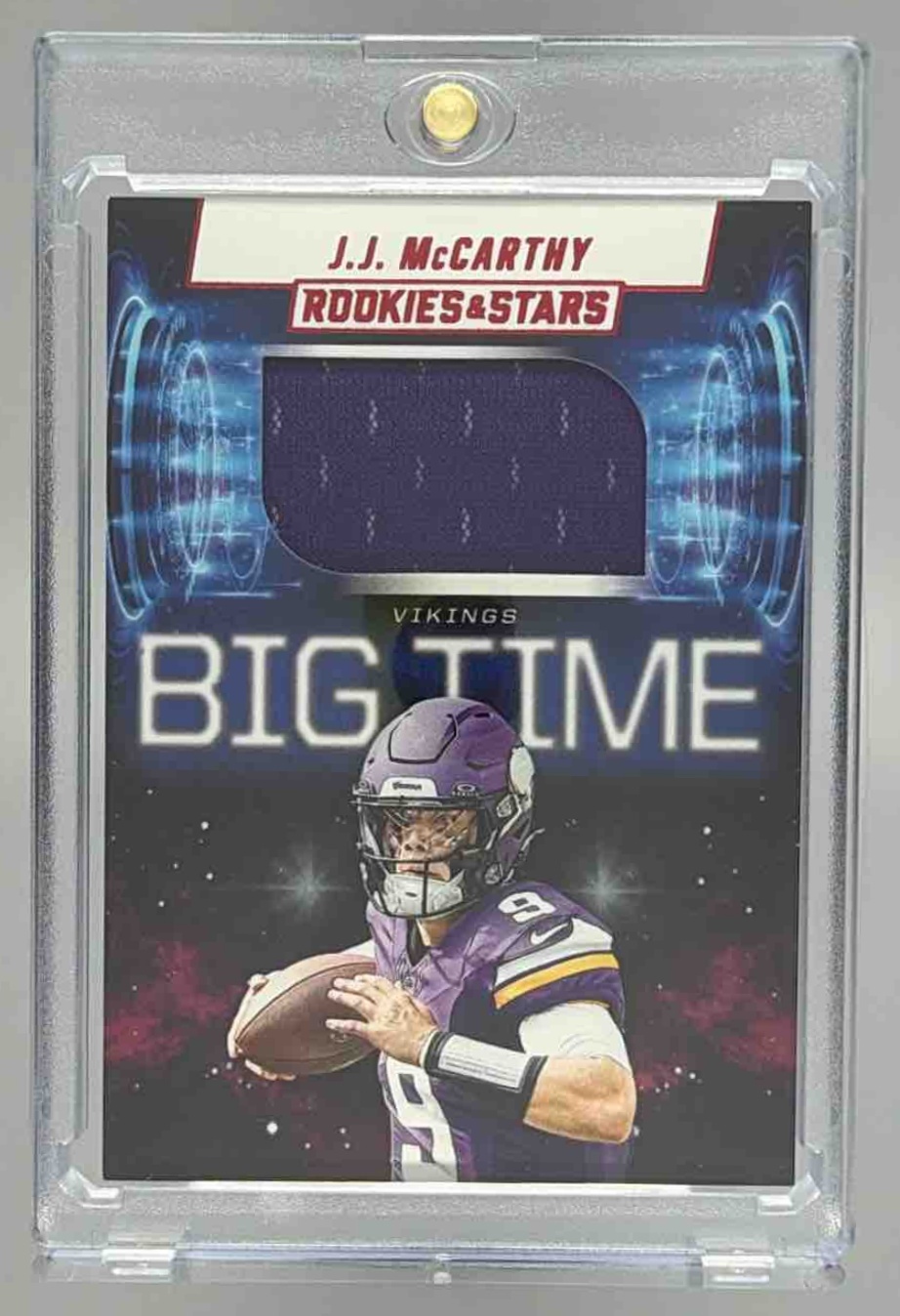 Card image for 2025 Panini Rookies & Stars J.J. McCarthy Big Time #BT-JMY MEM Vikings