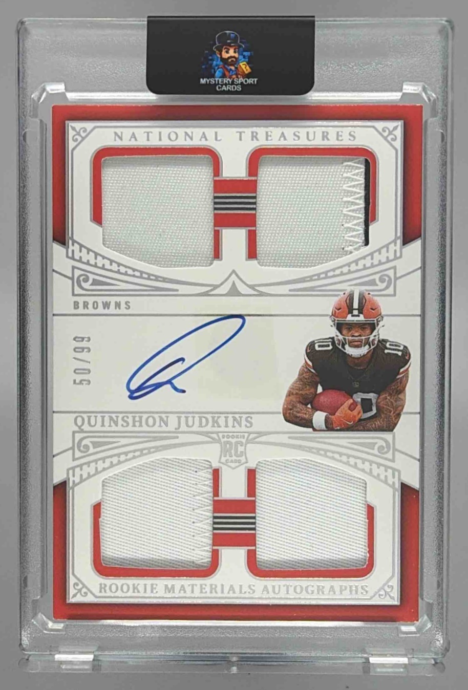 Card image for 2025 Panini National Treasures Quinshon Judkins Rookie Materials Auto Quad /99 #RMAQ-QJS MEM RC Browns