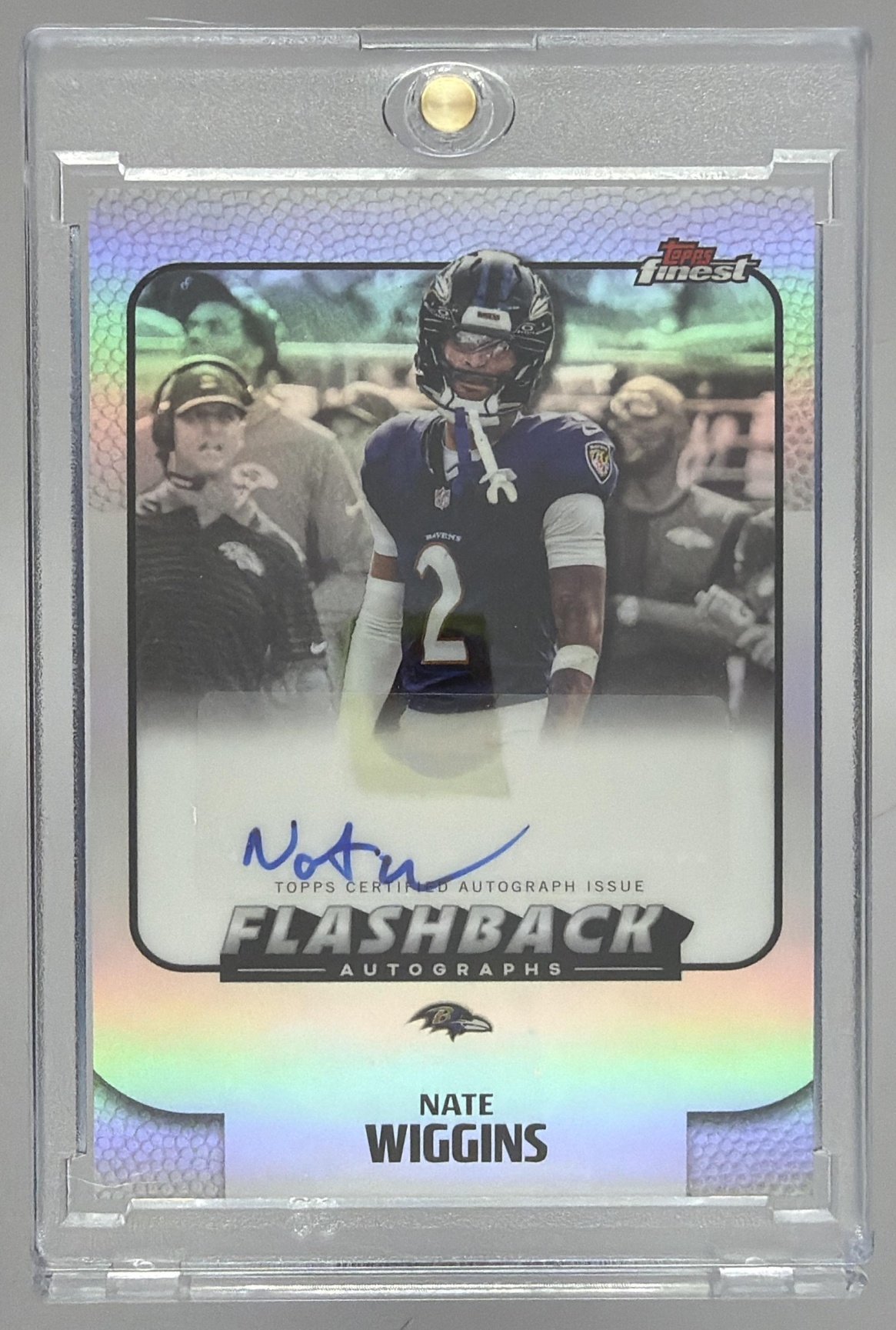 Card image for 2025 Topps Finest Nate Wiggins Flashback Auto Refractor #FBA-NW Ravens