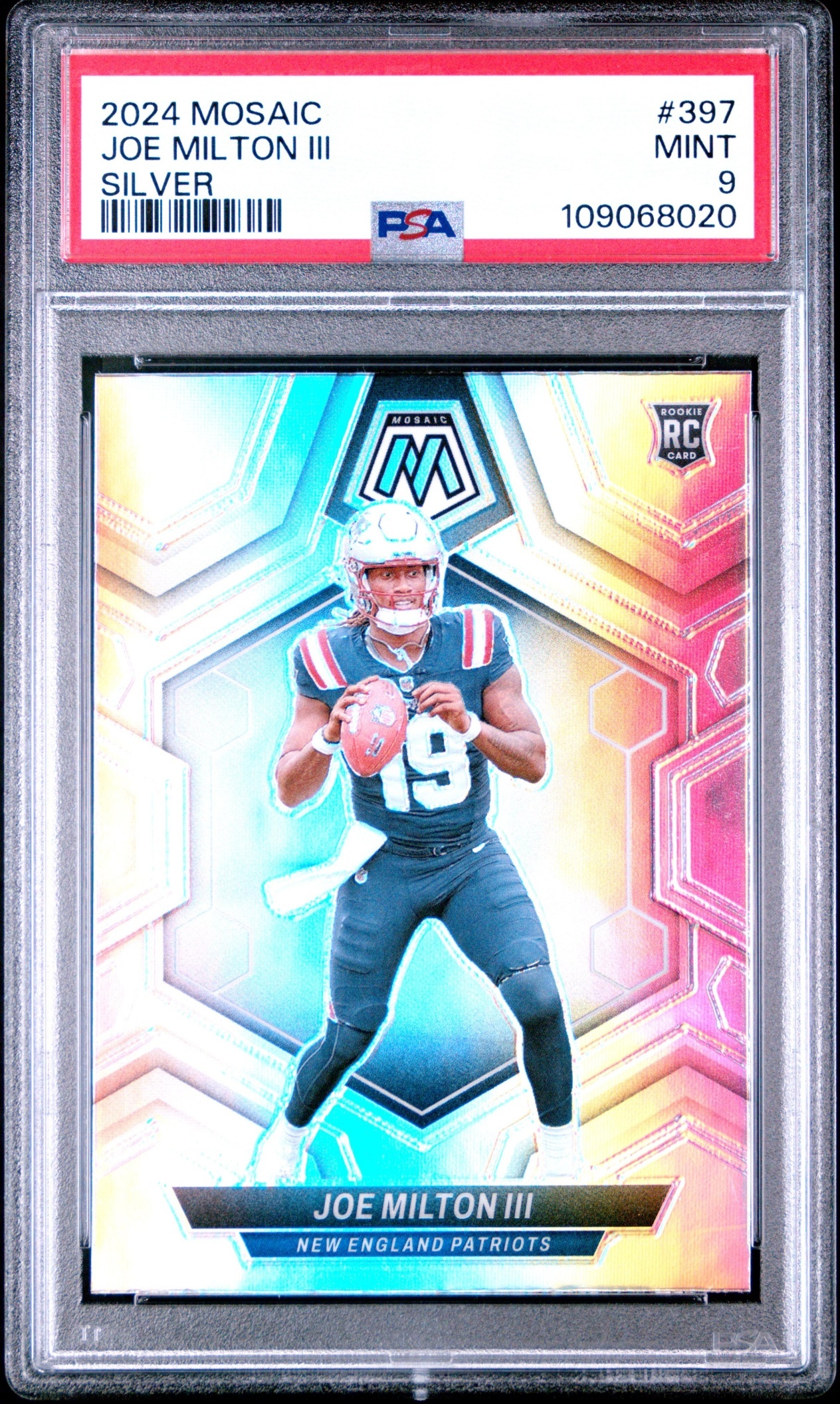 Card image for 2024 Panini Mosaic Joe Milton III Silver Prizm #397 RC Patriots