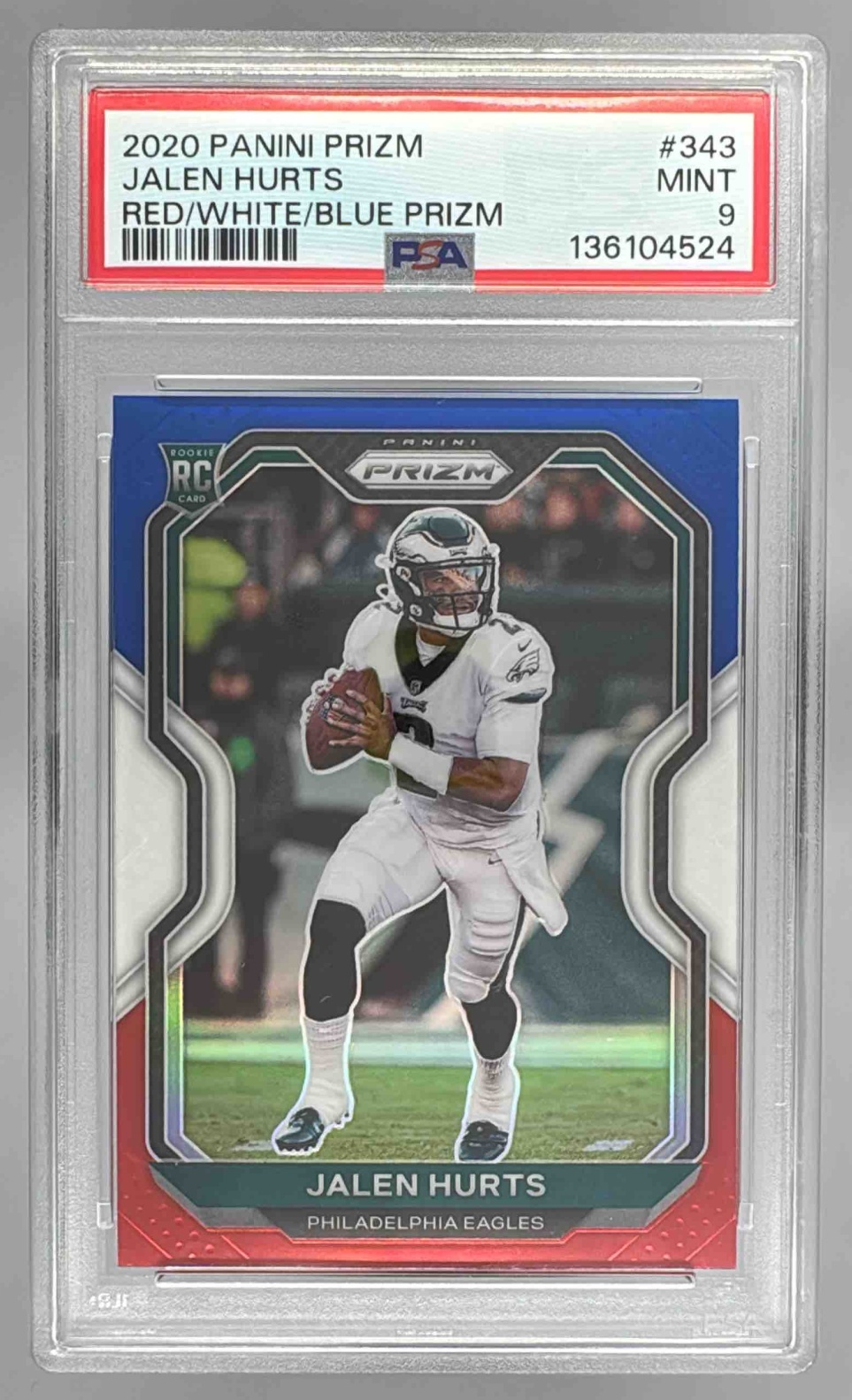 Card image for 2020 Panini Prizm Jalen Hurts Red White and Blue #343 RC Eagles