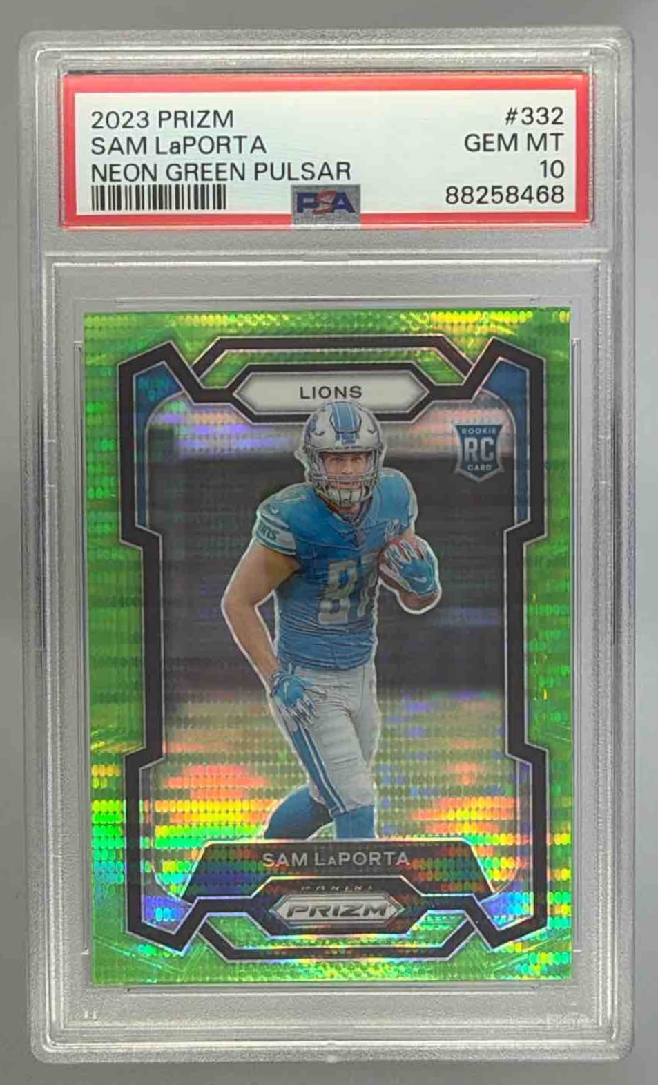Card image for 2023 Panini Football Prizm Sam LaPorta Neon Green Pulsar #332 RC Detroit Lions