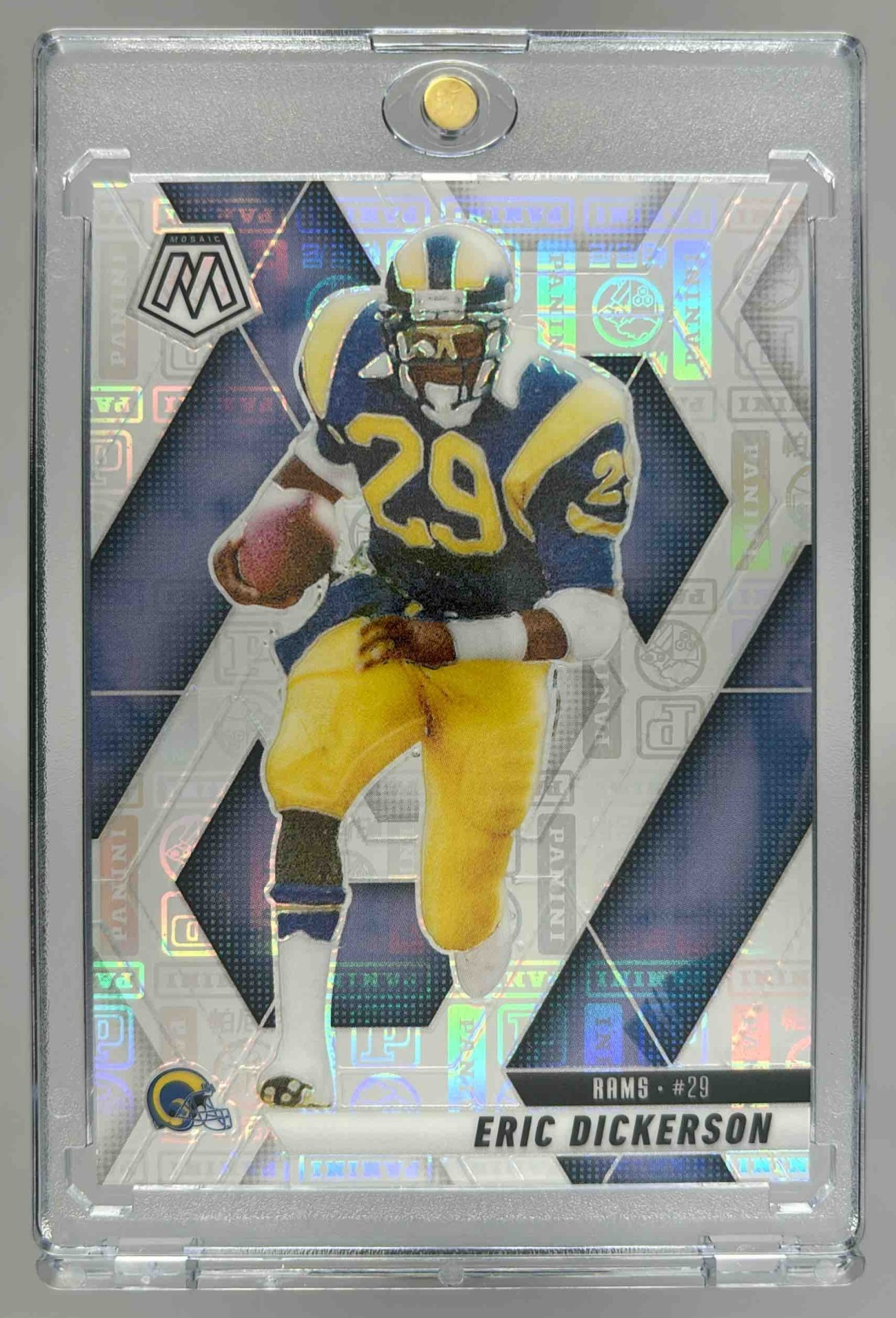 Card image for 2025 Panini Mosaic Eric Dickerson Silver Knight Prizm /149 #154 Rams