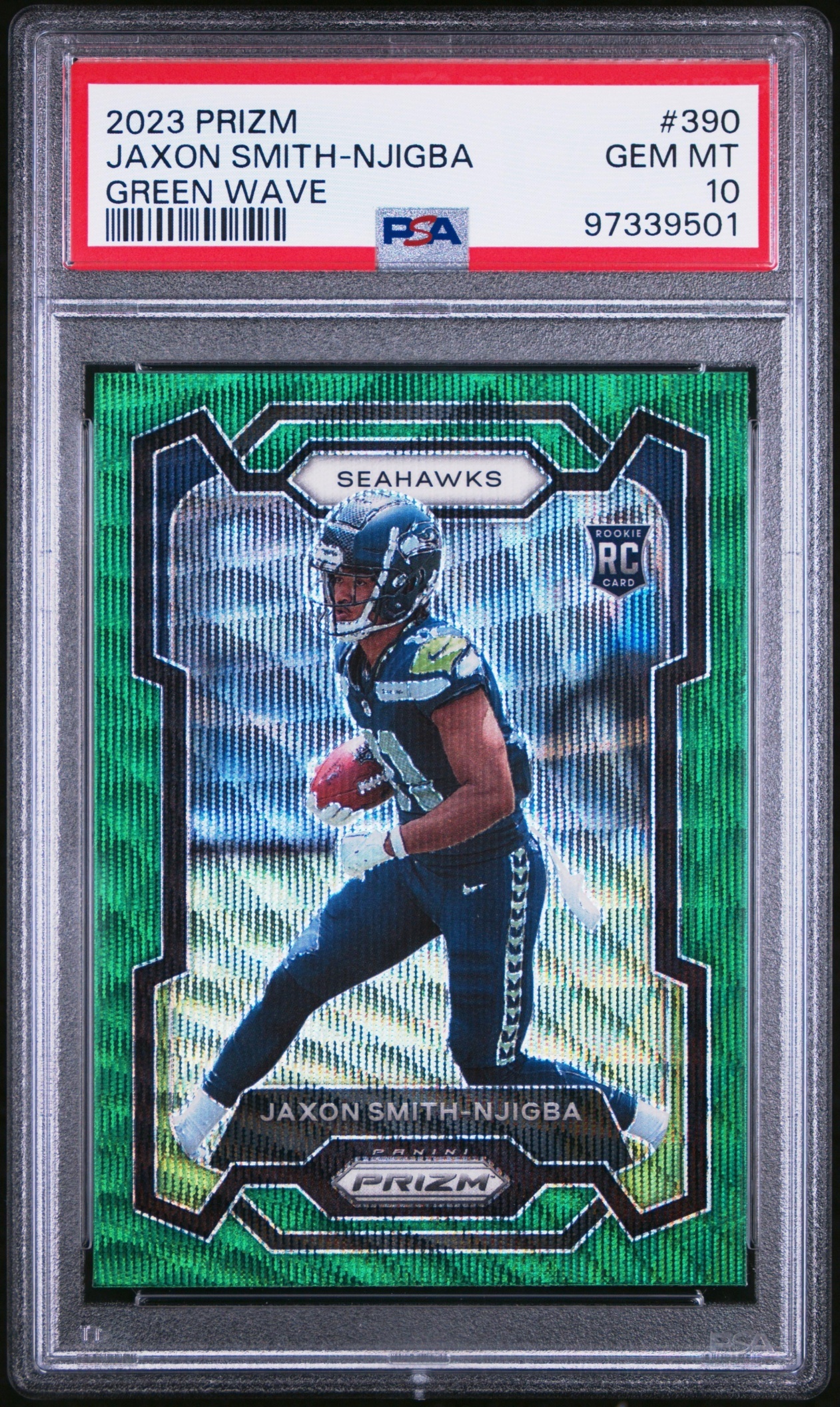 Card image for 2023 Panini Prizm Jaxon Smith-Njigba Green Wave #390 RC Seahawks