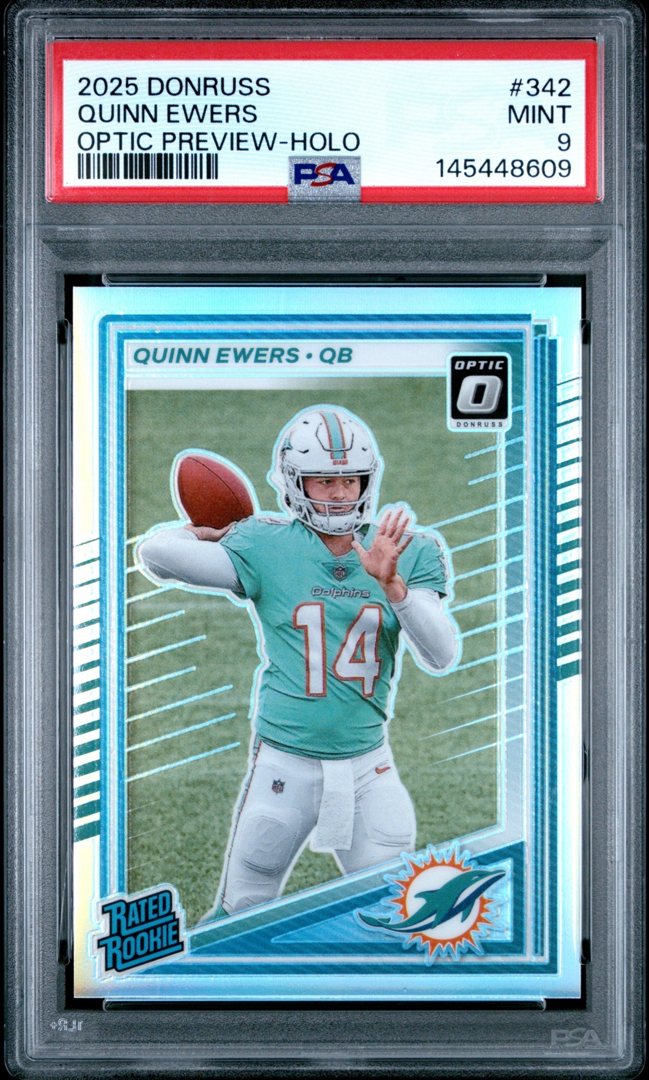 Card image for 2025 Panini Donruss Quinn Ewers Optic Rated Rookie Preview Holo #342 RC Dolphins