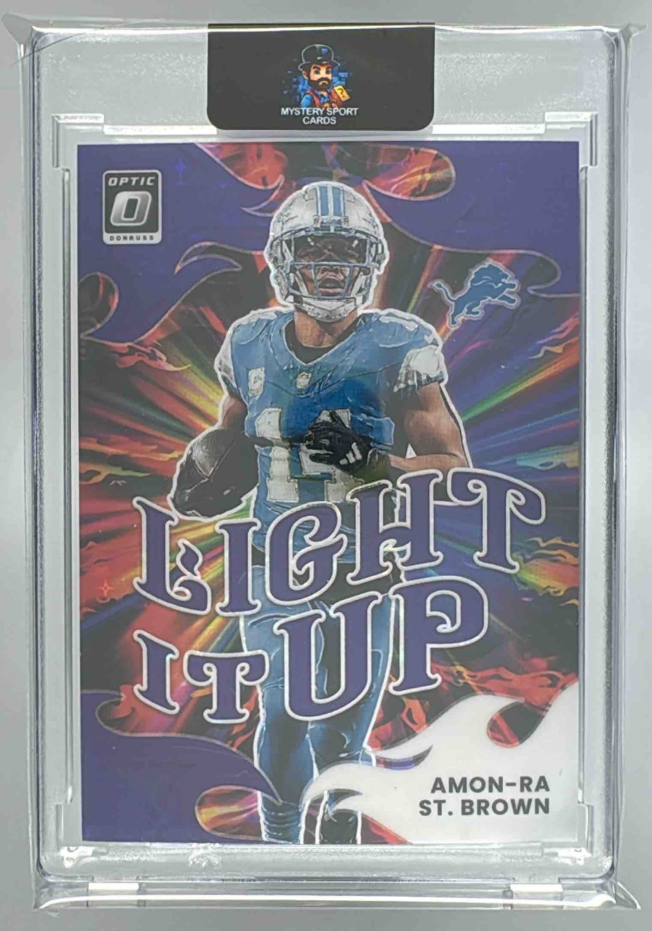 Card image for 2025 Panini Donruss Optic Amon-Ra St. Brown Light It Up Purple Stars Prizm /25 #15 Lions